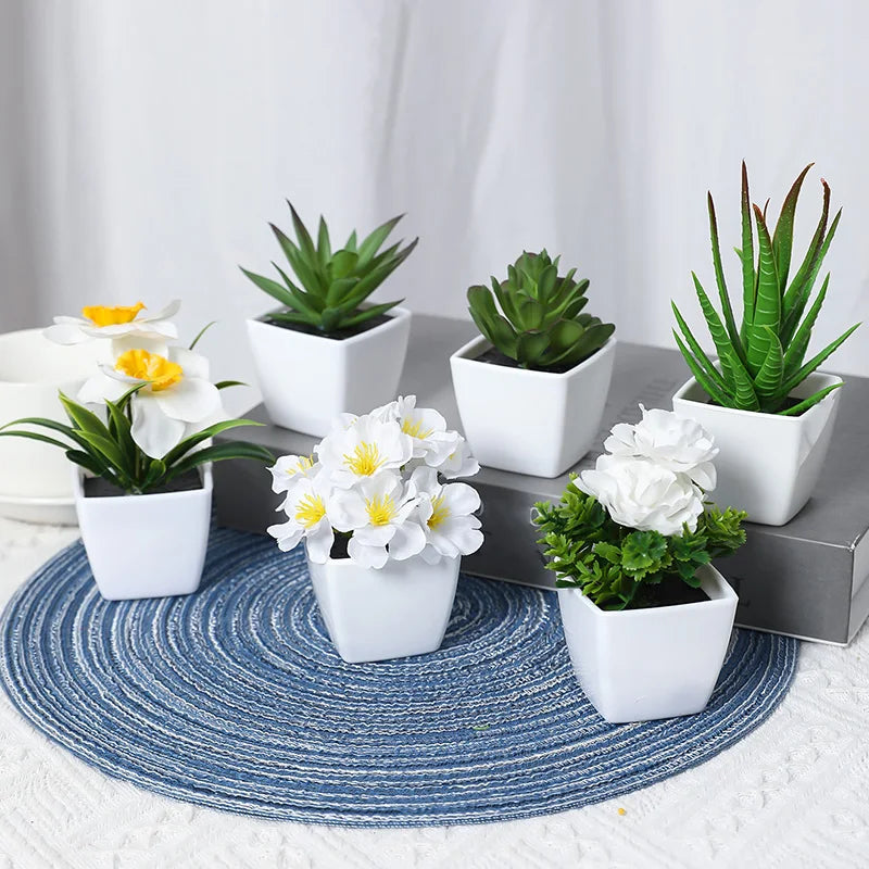 6PCS Mini Artificial Flower & Plant Bonsai Set – DIY Desktop Decor for Home & Office